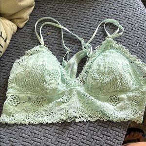 Aerie Green Lace Bralette with Floral Design